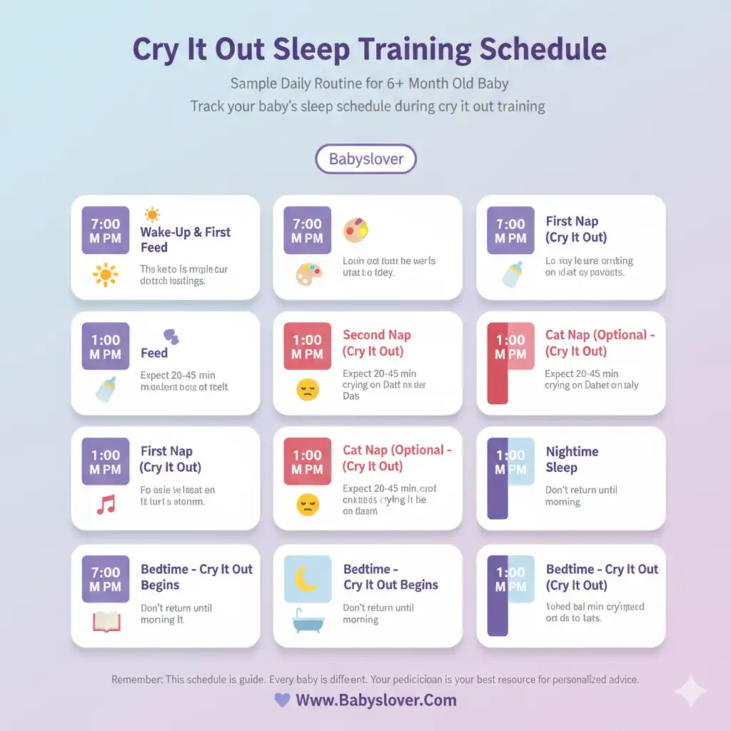 Daily cry it out sleep training schedule chart for 6-month-old baby showing bedtime routine, nap times, and feeding schedule with duration expectations