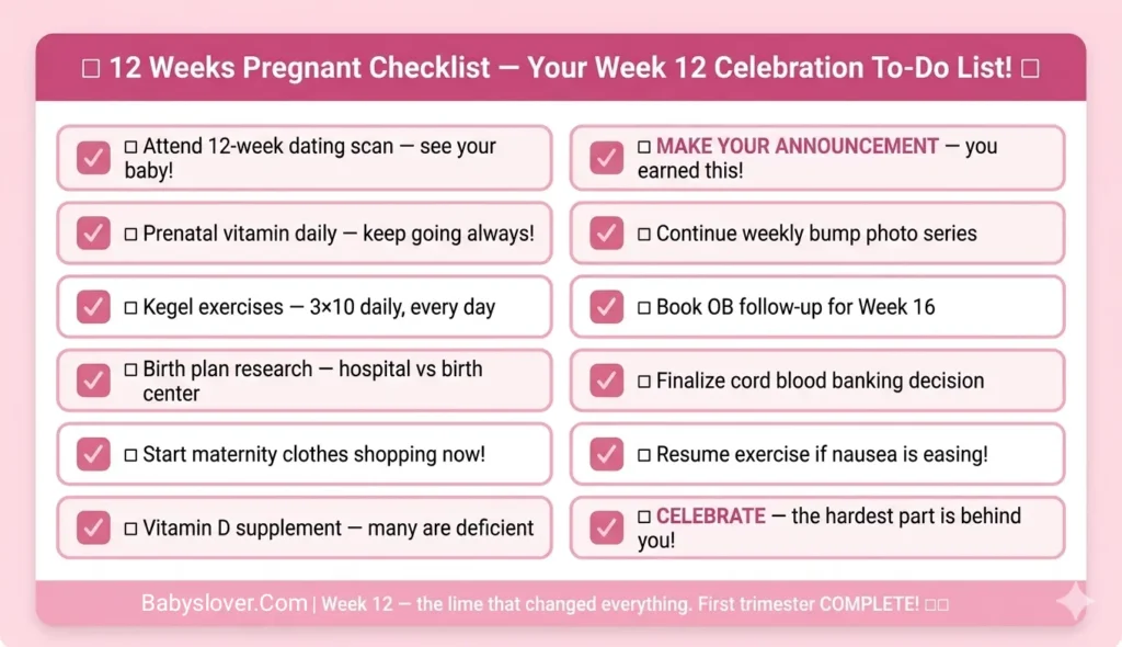 12 weeks pregnant checklist first trimester over 12 week scan announcement maternity clothes second trimester preparation celebration