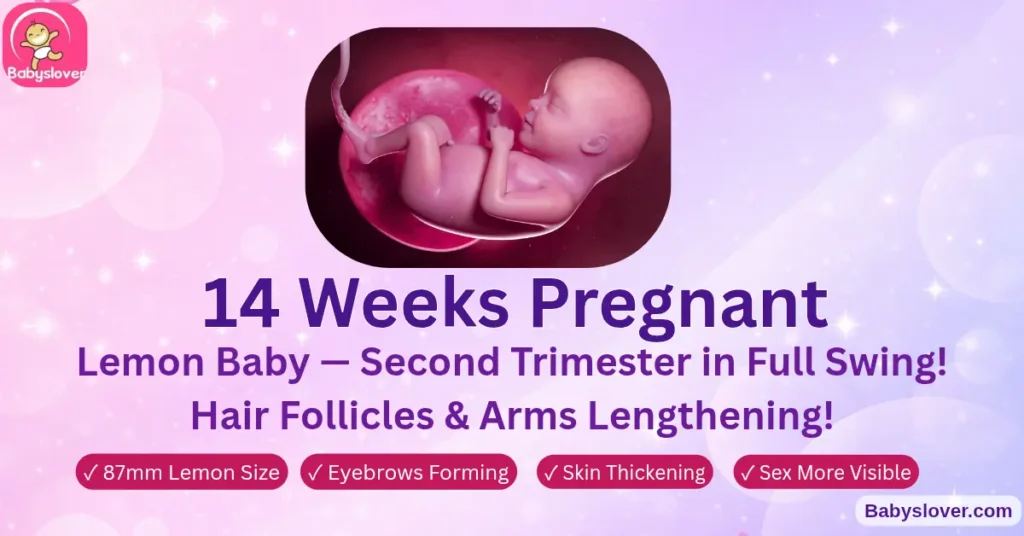 14 weeks pregnant lemon baby facial expressions squinting frowning spleen blood cells neck defined hair follicles arms lengthening second trimester