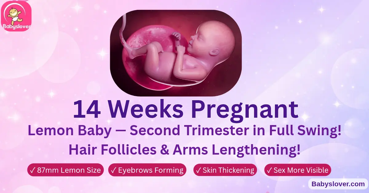 14 weeks pregnant lemon baby facial expressions squinting frowning spleen blood cells neck defined hair follicles arms lengthening second trimester