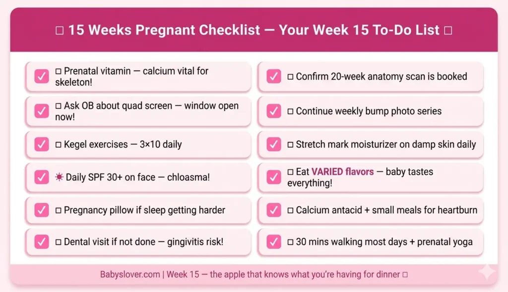 15 weeks pregnant checklist quad screen anatomy scan calcium heartburn varied diet flavor dental visit pregnancy pillow week 15