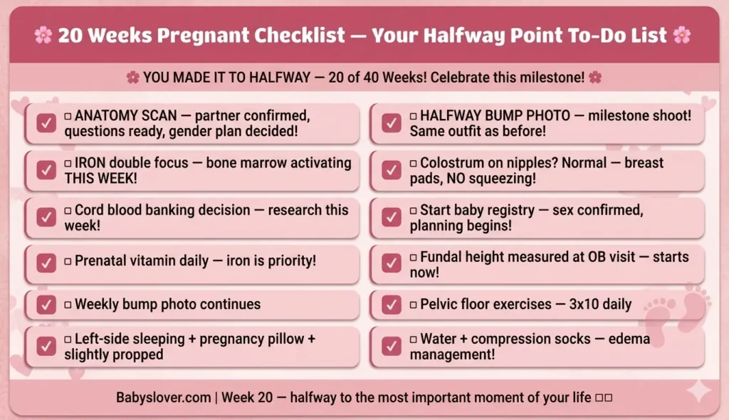 20 weeks pregnant checklist PDF halfway anatomy scan iron bone marrow colostrum cord blood banking baby registry fundal height edema compression socks