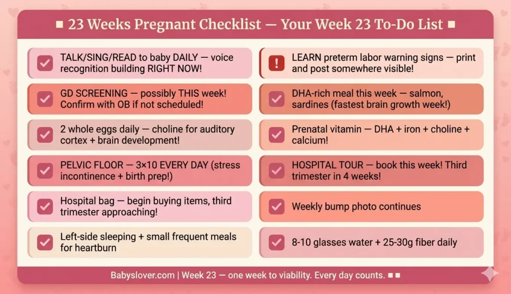 23 weeks pregnant checklist talk sing read voice recognition preterm labor signs GD screening DHA salmon brain growth pelvic floor hospital tour bag week 23