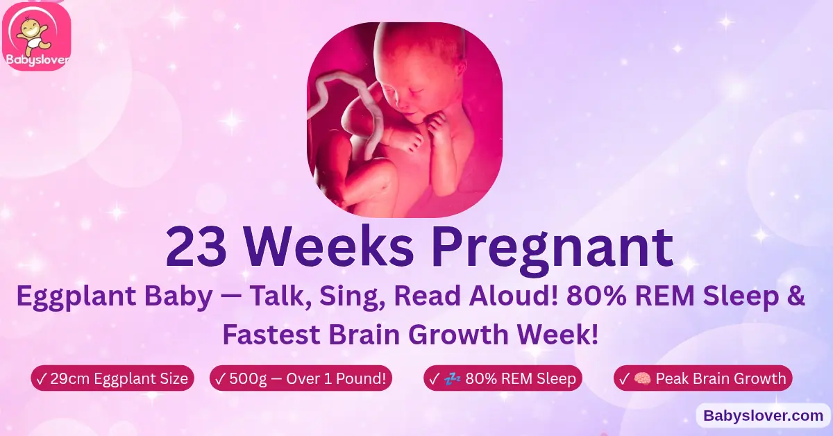 23 weeks pregnant eggplant grapefruit baby voice recognition inner ear fully formed balance viability week 24 one week away 80 percent REM sleep brain growth lung blood vessels
