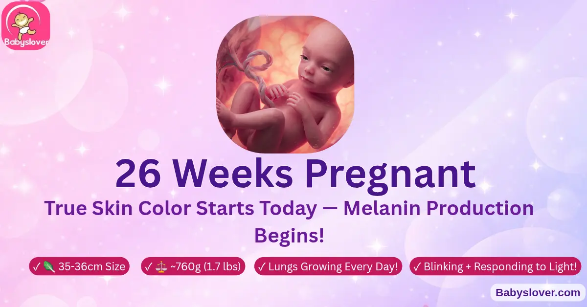 26 weeks pregnant scallion baby melanin production begins true skin color eyes fully open blinking brain waves detectable alveoli lungs end second trimester 760 grams 35cm