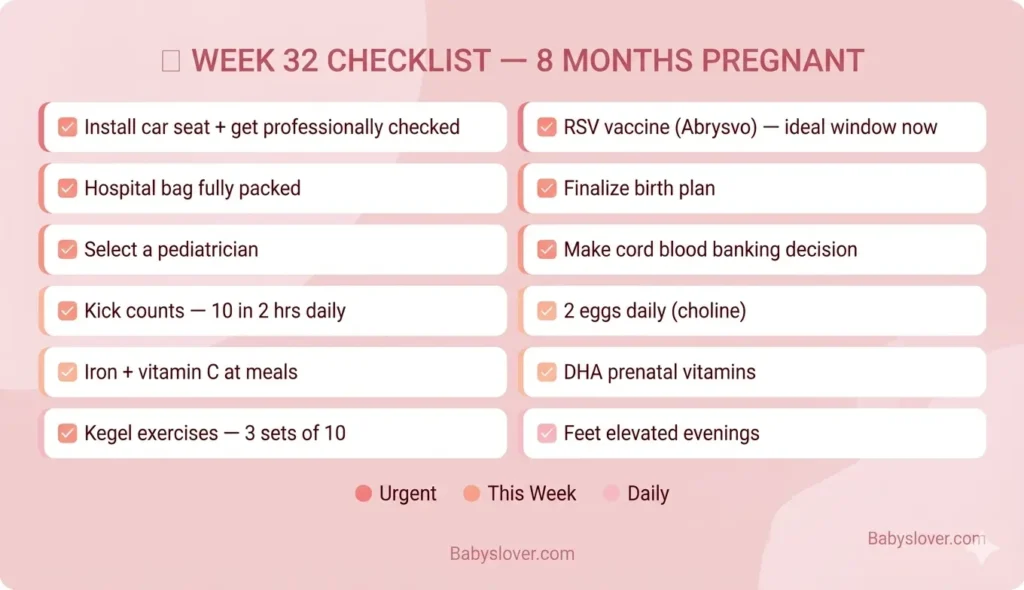 32 weeks pregnant checklist 8 months third trimester what to do
