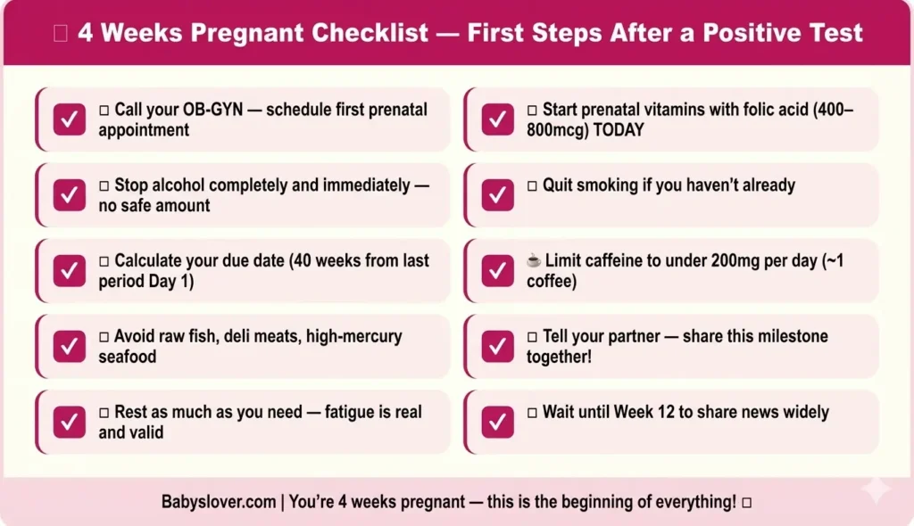 4 weeks pregnant checklist what to do first steps after positive pregnancy test