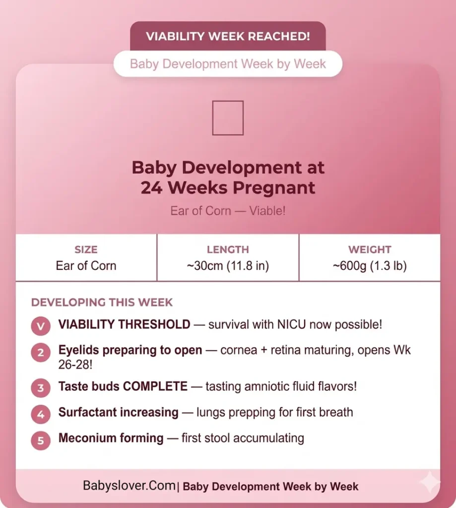 baby development at 24 weeks pregnant ear of corn viability threshold eyelids beginning to open taste buds complete surfactant lungs skin thickening fat
