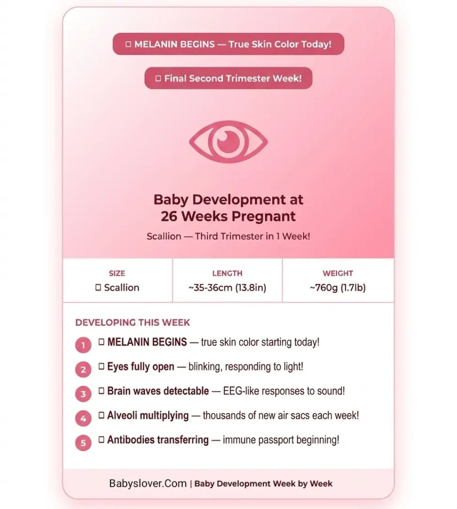 baby development at 26 weeks pregnant scallion melanin skin color begins eyes open blinking brain waves alveoli lungs multiplying immune antibodies end second trimester