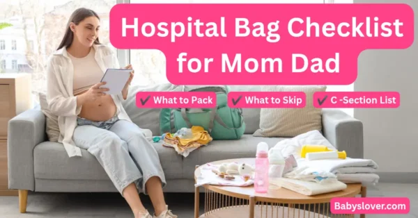 hospital bag checklist for mom with items laid out flat