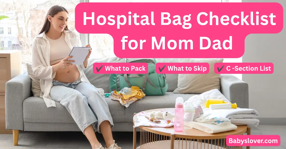 hospital bag checklist for mom with items laid out flat