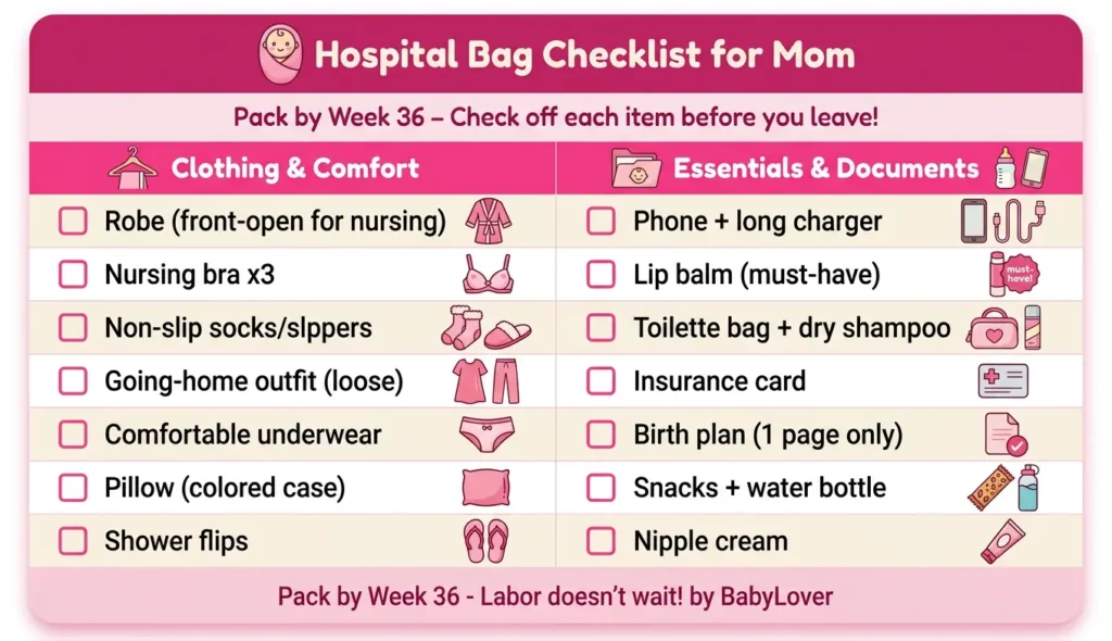 hospital bag checklist for mom items list infographic