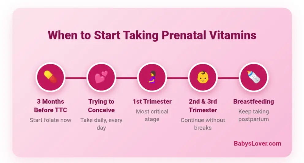 When to start taking prenatal vitamins timeline from trying to conceive through pregnancy and breastfeeding