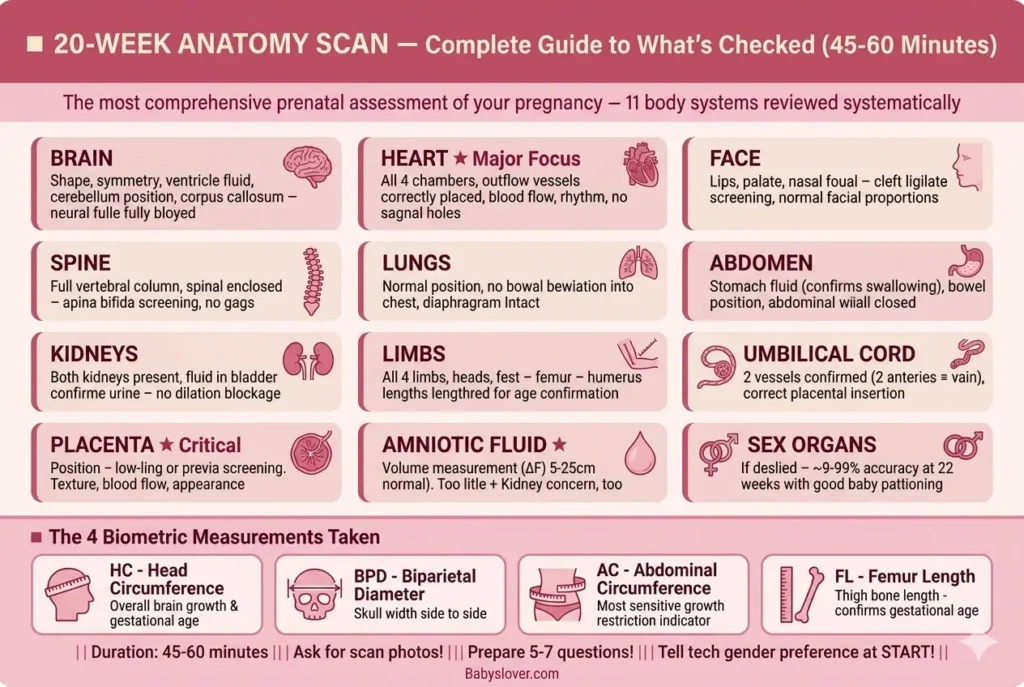 anatomy scan 20 weeks what it checks brain heart spine face limbs placenta amniotic fluid gender reveal biometric measurements 4 chambers