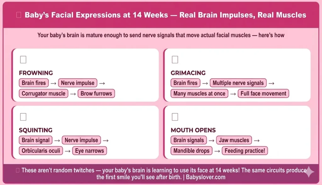 baby facial expressions 14 weeks pregnant squinting frowning grimacing brain nerve impulses facial muscles developing neurological circuits