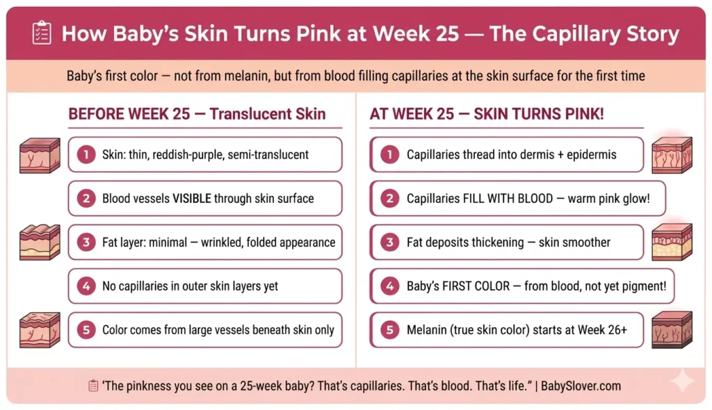 baby skin turns pink capillaries 25 weeks pregnant blood vessels under skin translucent to pink how baby skin color develops fetal skin progression