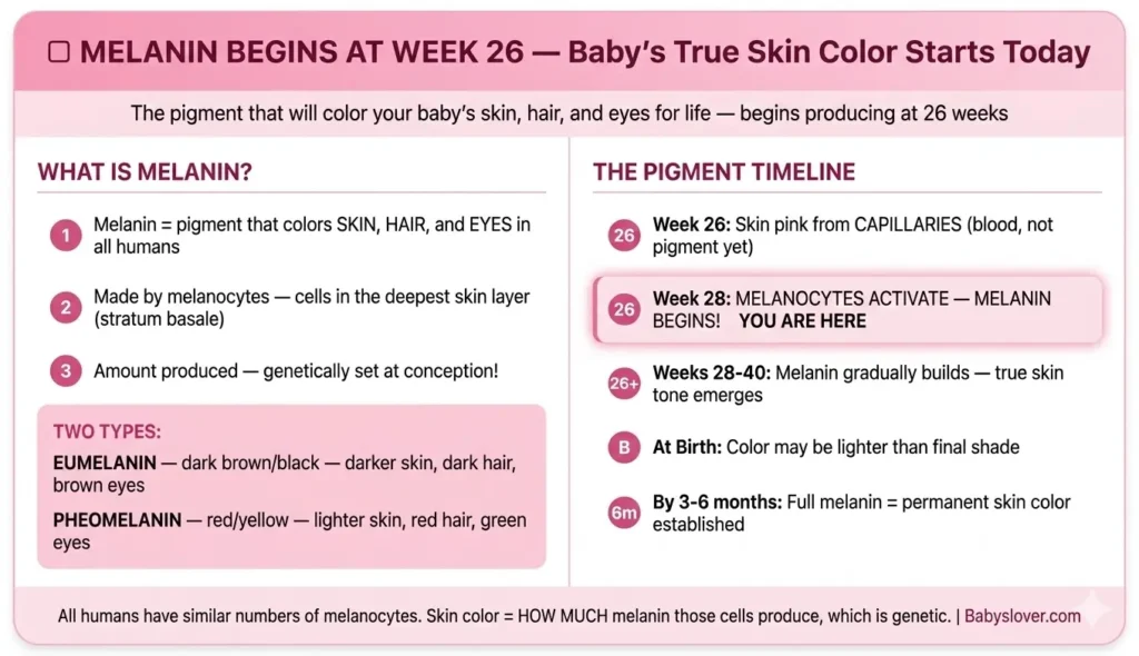 melanin production baby skin color 26 weeks pregnant melanocytes produce pigment eumelanin pheomelanin skin tone determined genetically begins week 26