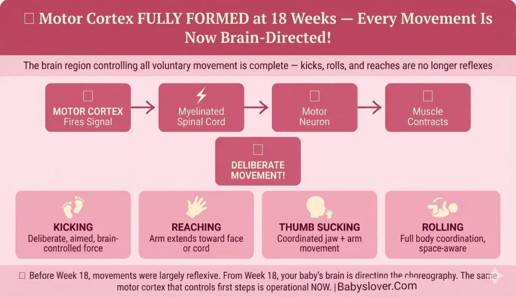 motor cortex 18 weeks pregnant baby movement brain control fully formed kicks rolls coordinated voluntary movement myelination spinal cord