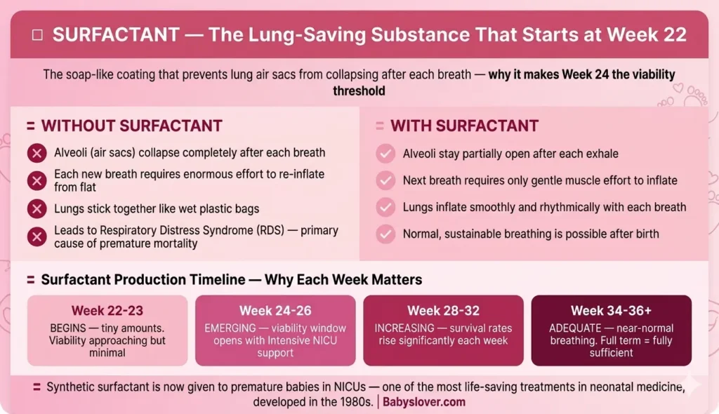 surfactant lung development 22 weeks pregnant alveoli without surfactant collapse with surfactant stay open viability timeline week 24 premature baby breathing respiratory distress