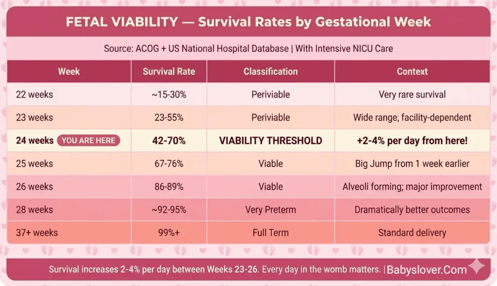 fetal viability survival rates by gestational week 22 23 24 25 26 28 NICU ACOG periviable birth statistics premature baby survival chart