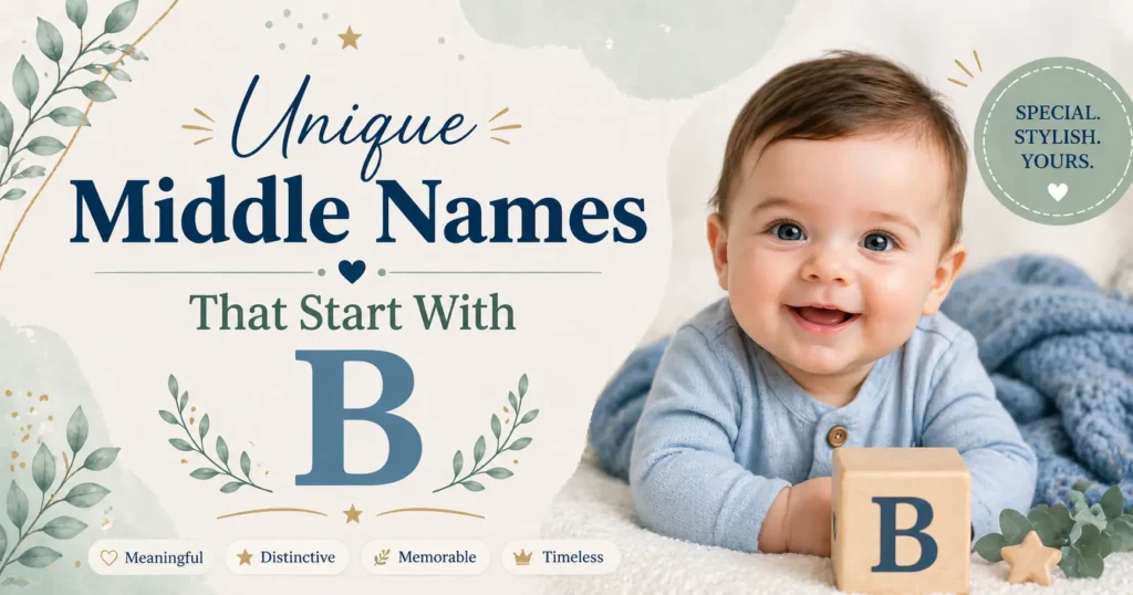 Colorful infographic showing popular middle names starting with B for girls, boys, and unisex options